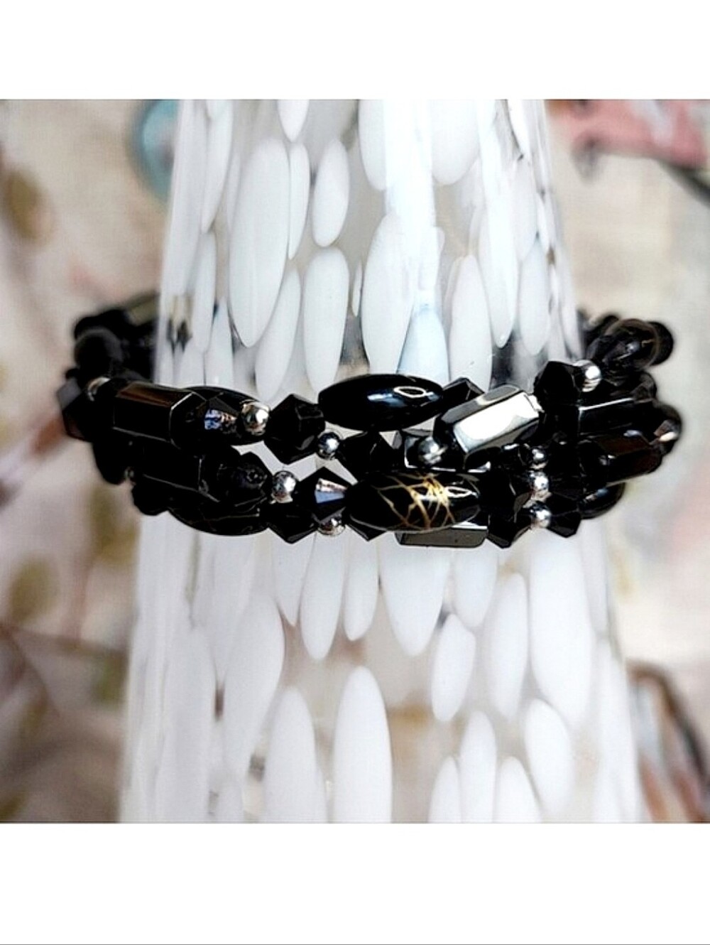 Magnetic 35" Length Hematite Tubes Black Plastic Long Oval Gold Splatter Beads